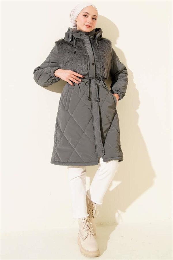 Hooded Quilted Coat with Fur Chest, Dark Gray