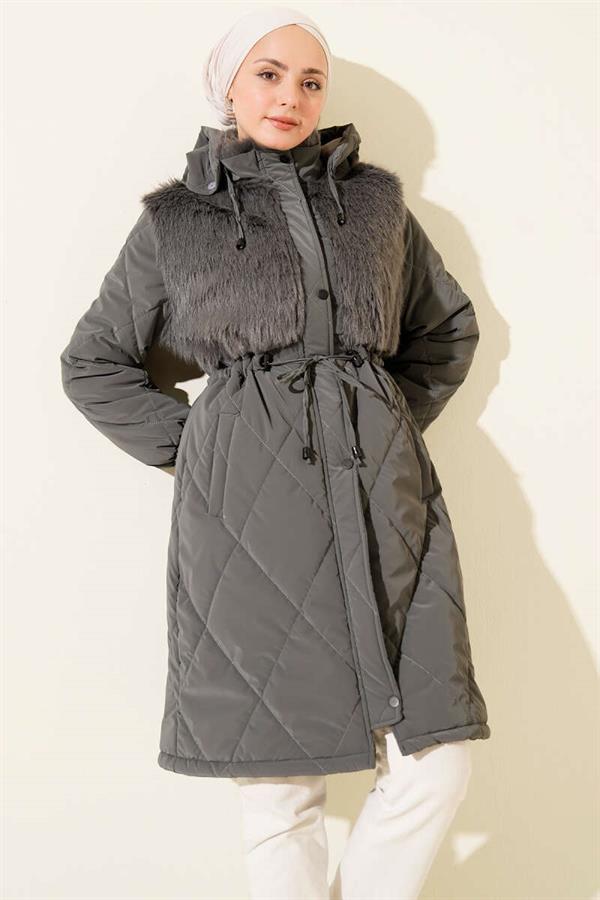 Hooded Quilted Coat with Fur Chest, Dark Gray
