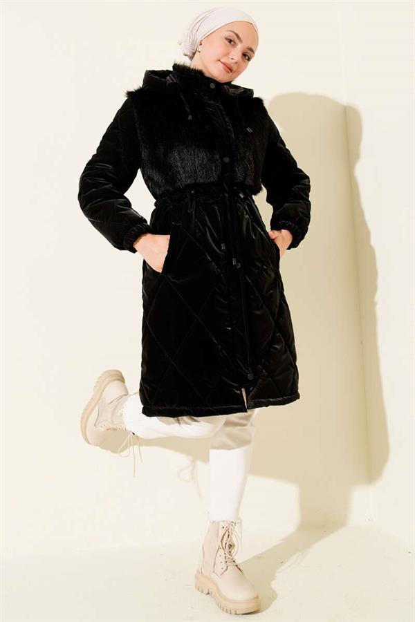 Black Quilted Hooded Coat with Fur Chest Lining