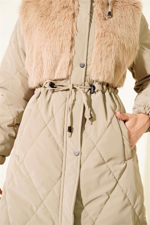 Quilted Hooded Jacket with Fur Chest Lining, Mink