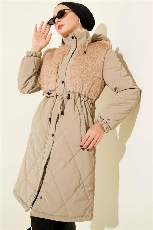 Quilted Hooded Jacket with Fur Chest Lining, Mink