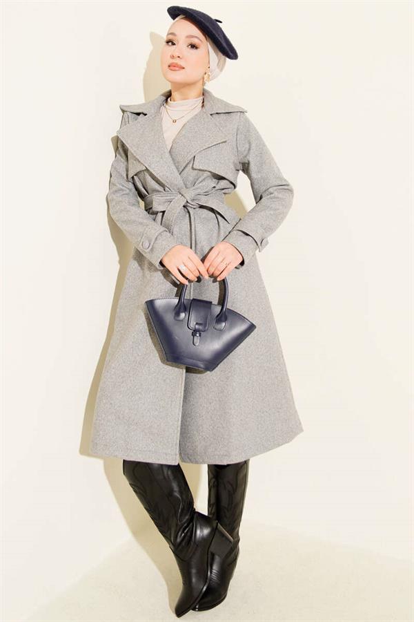 Chest Piece Detailed Cashmere Coat Gray