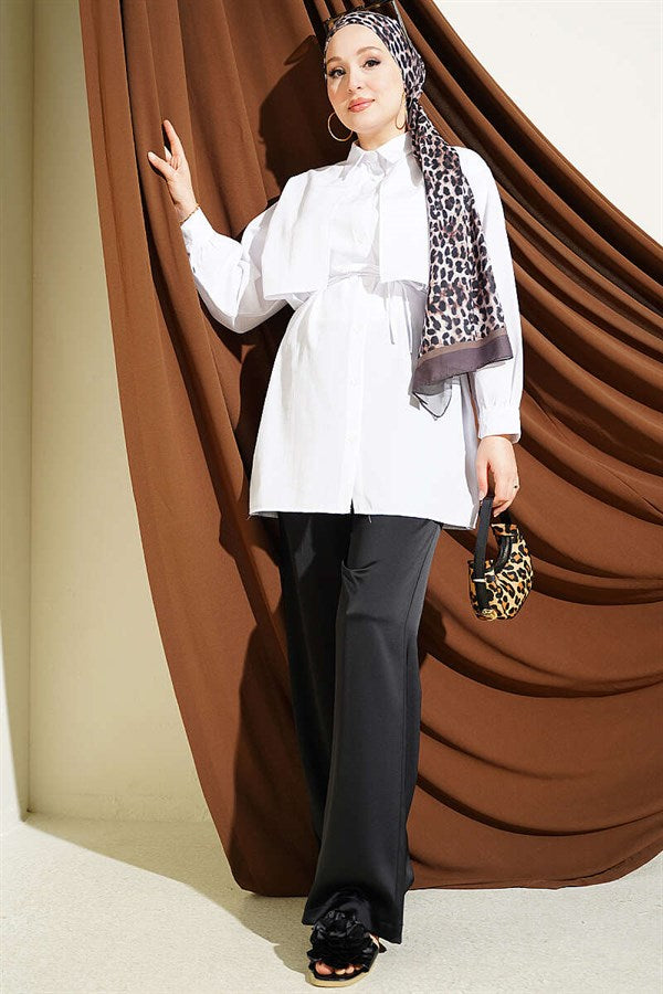 White Shirt with Bust Panel and Drawstring Belt