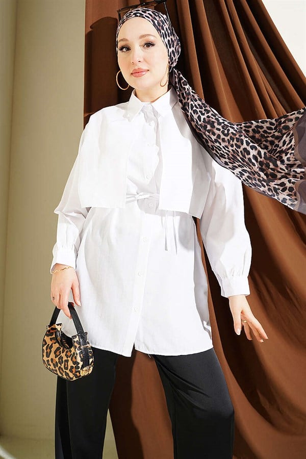White Shirt with Bust Panel and Drawstring Belt