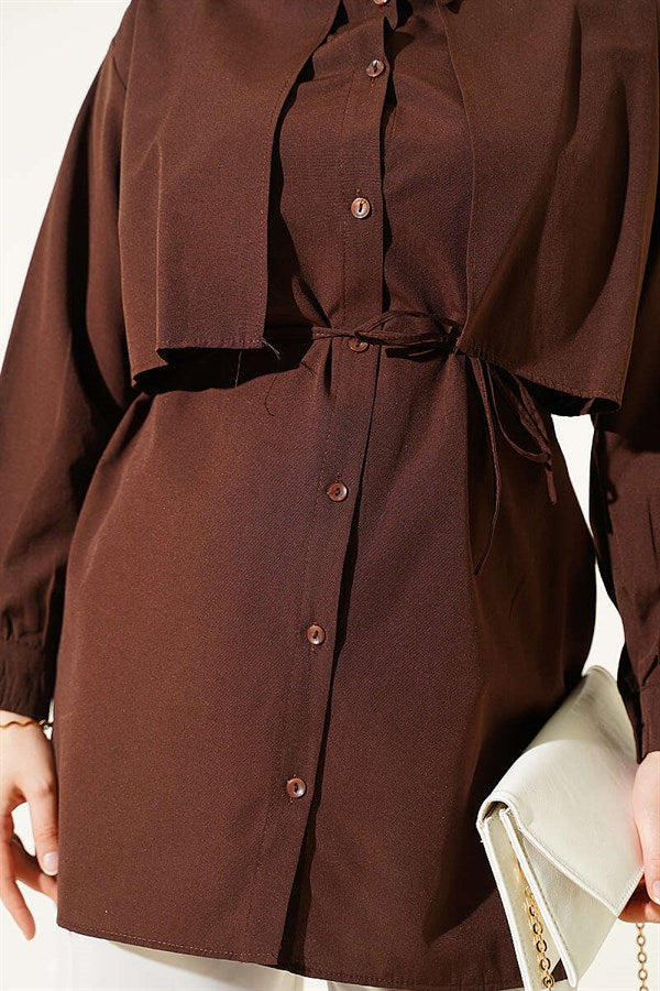 Bust-Patterned Drawstring Belted Shirt, Coffee