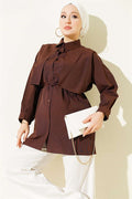 Bust-Patterned Drawstring Belted Shirt, Coffee
