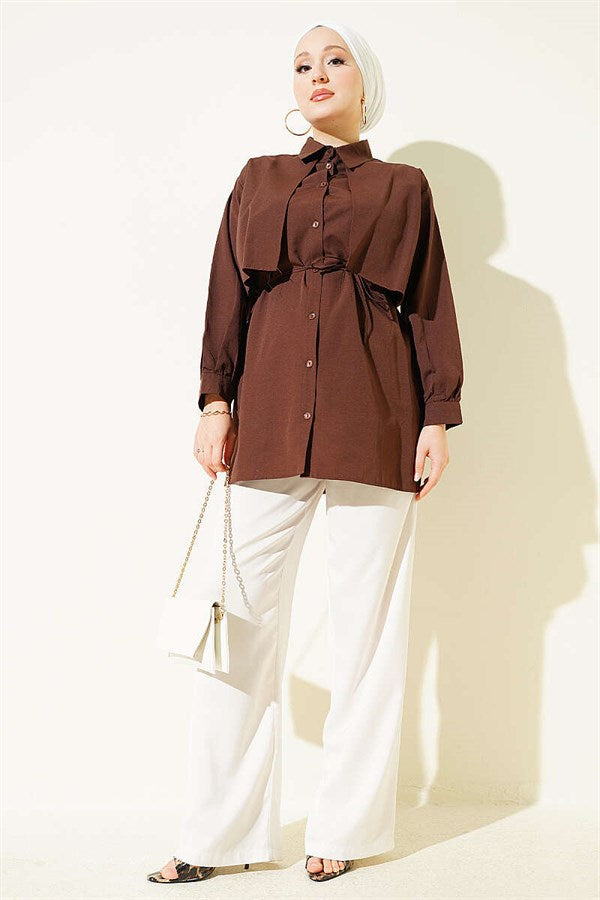 Bust-Patterned Drawstring Belted Shirt, Coffee