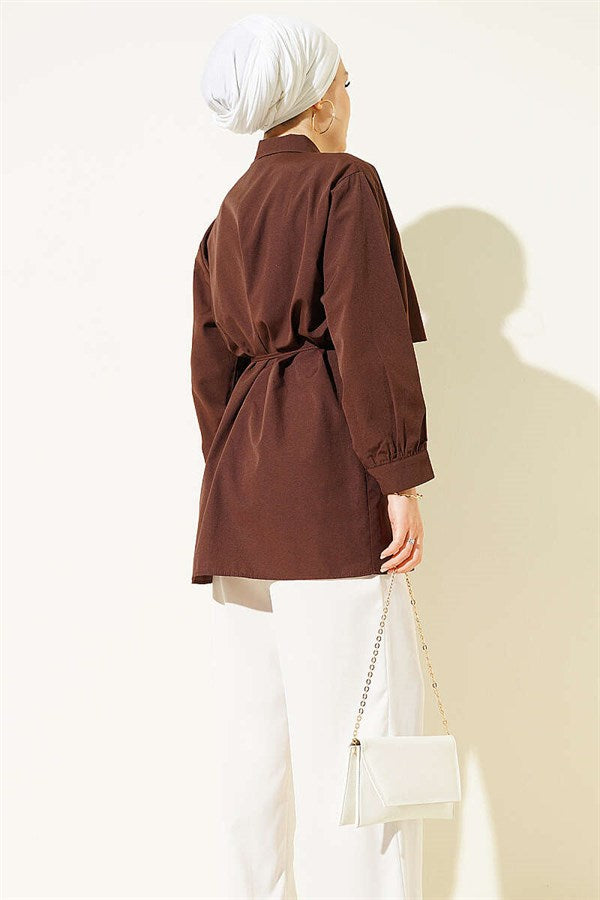 Bust-Patterned Drawstring Belted Shirt, Coffee