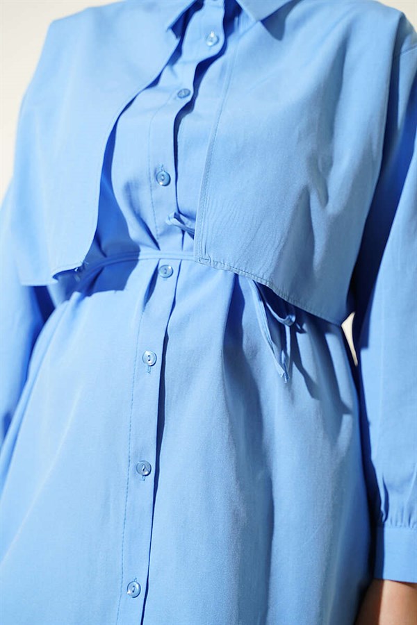 Bust-Patterned Drawstring Belted Shirt Blue