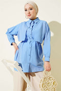 Bust-Patterned Drawstring Belted Shirt Blue