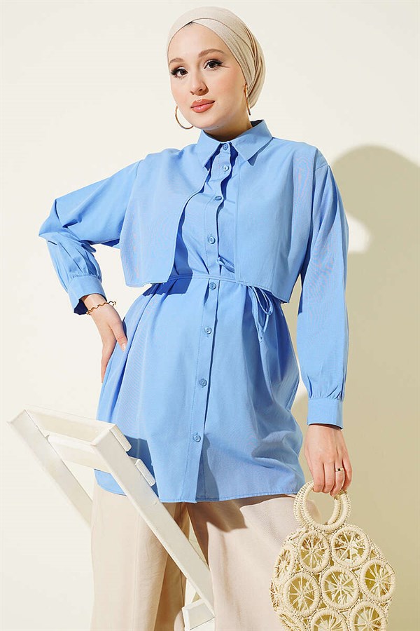 Bust-Patterned Drawstring Belted Shirt Blue