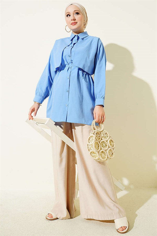 Bust-Patterned Drawstring Belted Shirt Blue