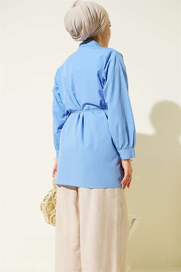 Bust-Patterned Drawstring Belted Shirt Blue