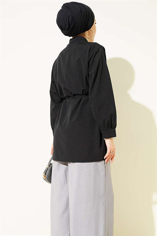 Black Shirt with Bust Panel and Drawstring Belt
