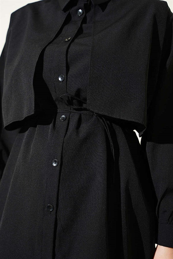 Black Shirt with Bust Panel and Drawstring Belt