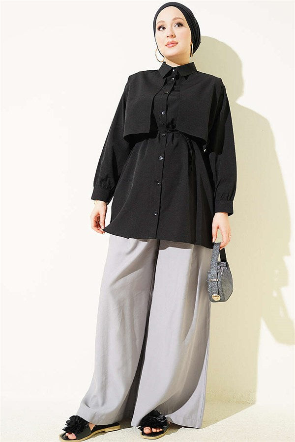 Black Shirt with Bust Panel and Drawstring Belt