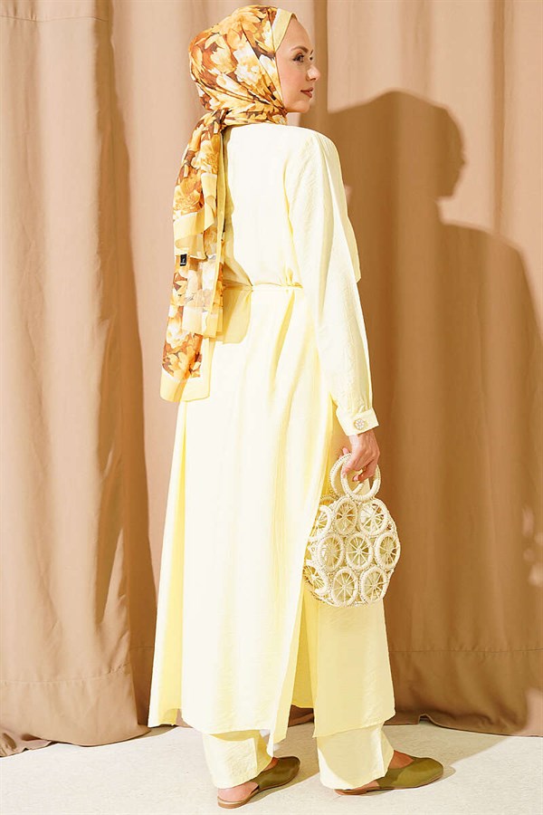 Long Tunic 2 Piece Set with Bust Detail and Tie Belt, Yellow