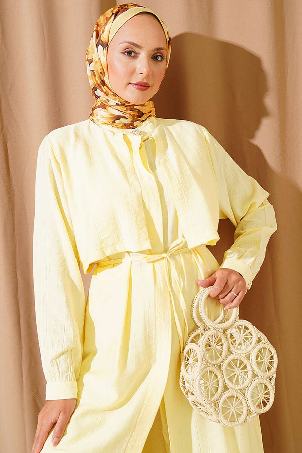 Long Tunic 2 Piece Set with Bust Detail and Tie Belt, Yellow
