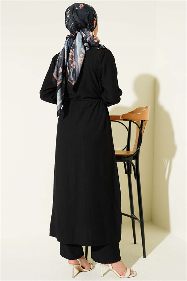 Black Long Tunic 2 Piece Set with Bust Detail and Tie Belt