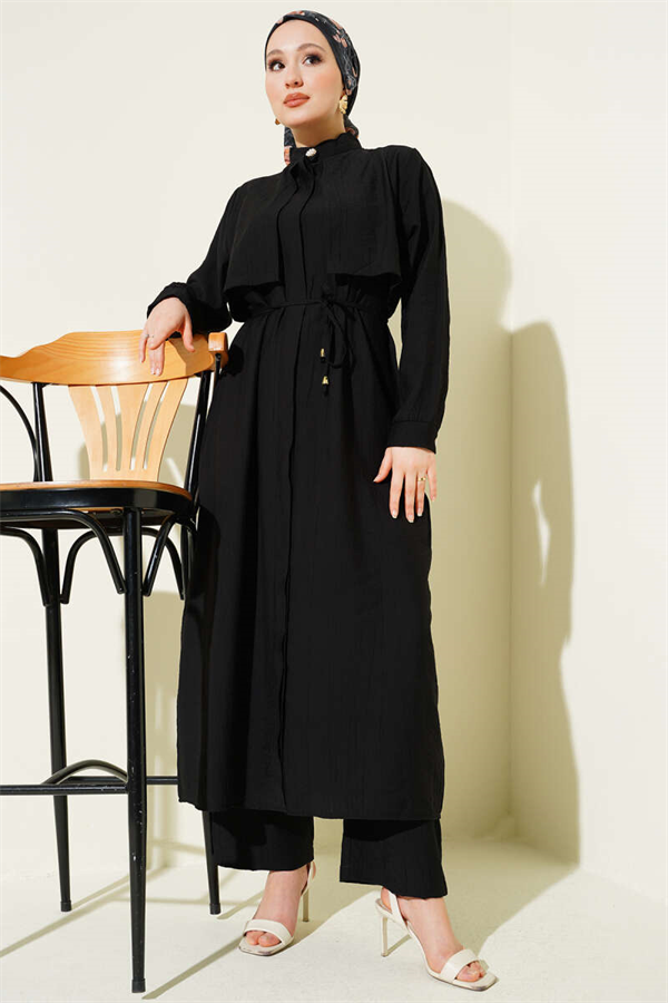 Black Long Tunic 2 Piece Set with Bust Detail and Tie Belt
