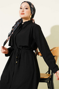 Black Long Tunic 2 Piece Set with Bust Detail and Tie Belt