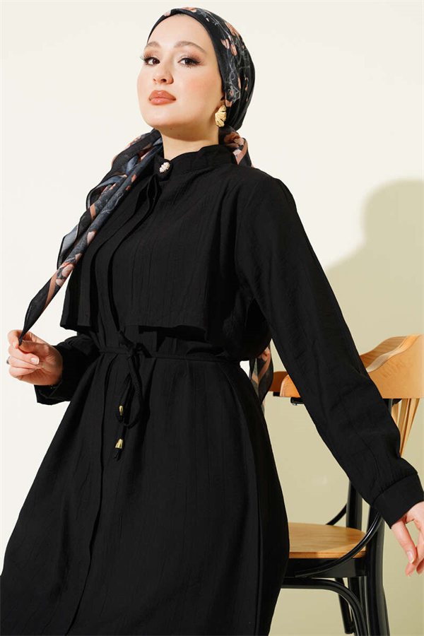 Black Long Tunic 2 Piece Set with Bust Detail and Tie Belt
