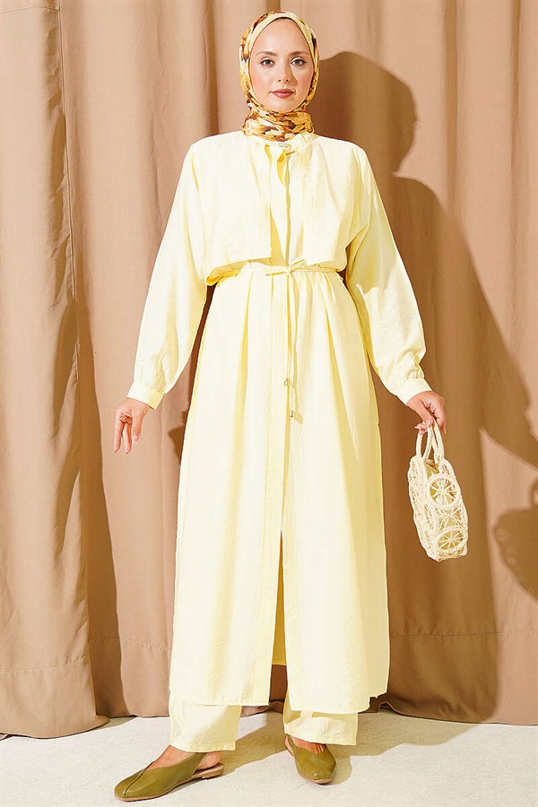 Long Tunic 2 Piece Set with Bust Detail and Tie Belt, Yellow
