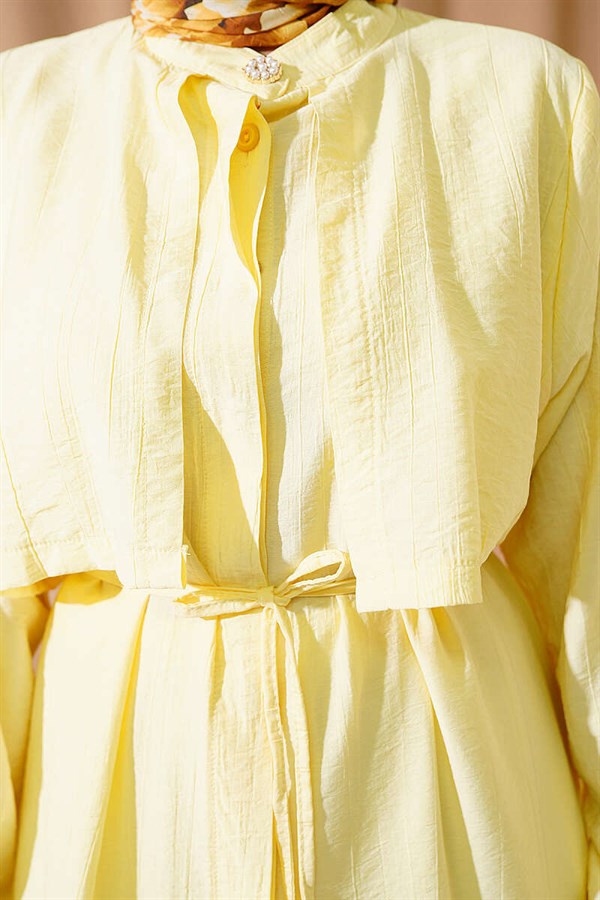 Long Tunic 2 Piece Set with Bust Detail and Tie Belt, Yellow
