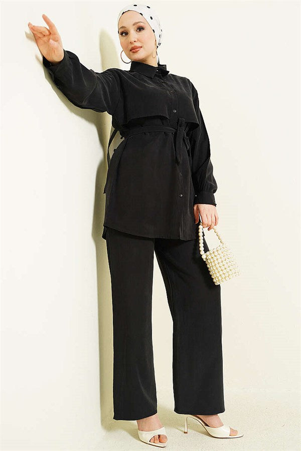 Bust Cape Belted Tencel 2 Piece Set Black