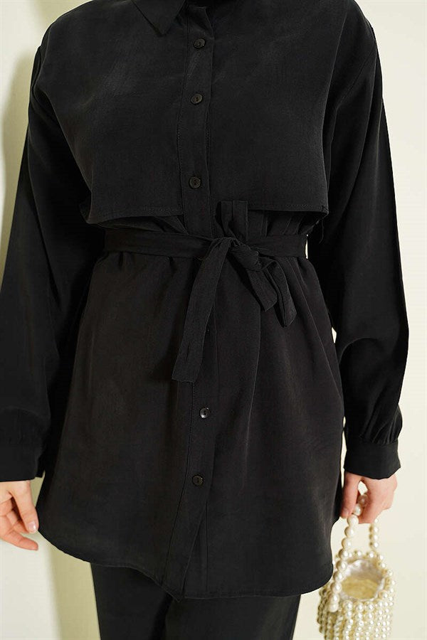 Bust Cape Belted Tencel 2 Piece Set Black