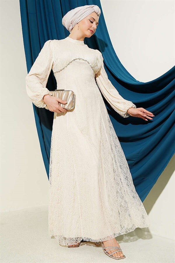 Beige Lace Evening Dress with Embellished Bust