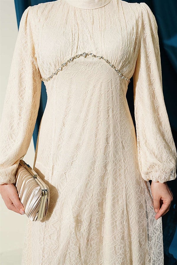 Beige Lace Evening Dress with Embellished Bust