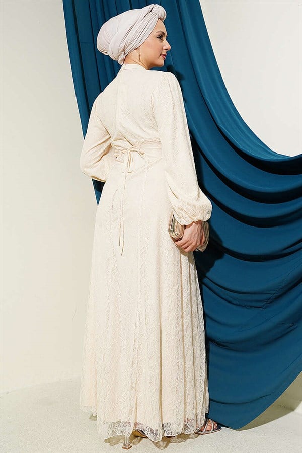 Beige Lace Evening Dress with Embellished Bust