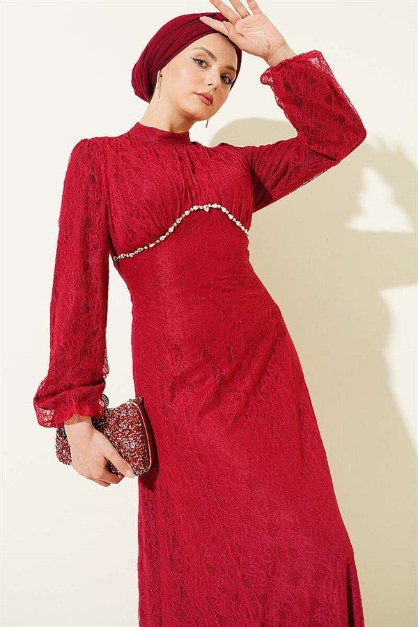 Burgundy Lace Evening Dress with Embellished Bust