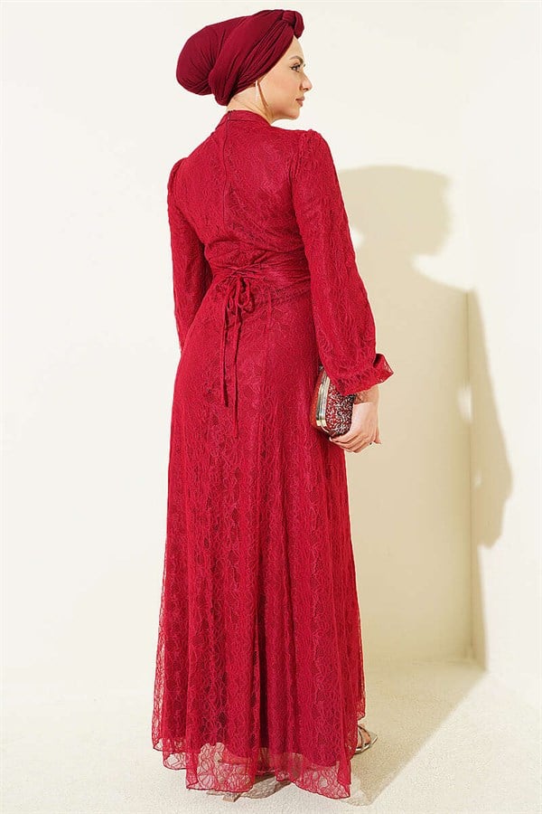 Burgundy Lace Evening Dress with Embellished Bust