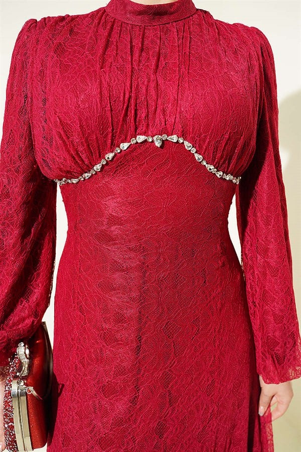 Burgundy Lace Evening Dress with Embellished Bust