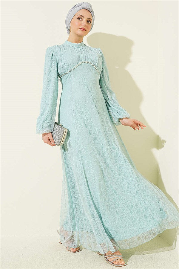 Mint Lace Evening Dress with Embellished Bust