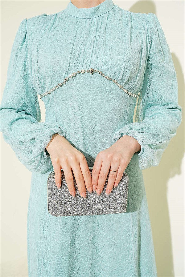 Mint Lace Evening Dress with Embellished Bust