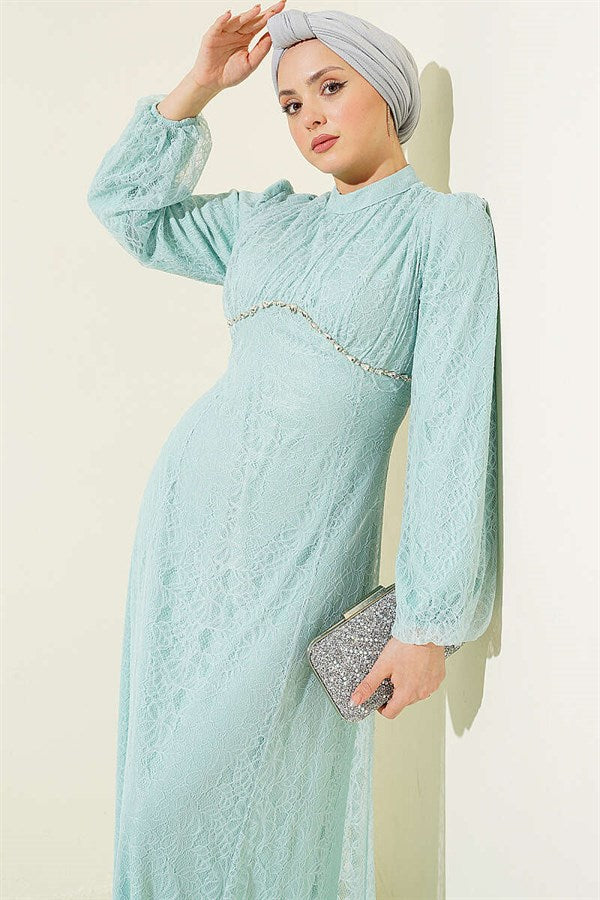 Mint Lace Evening Dress with Embellished Bust