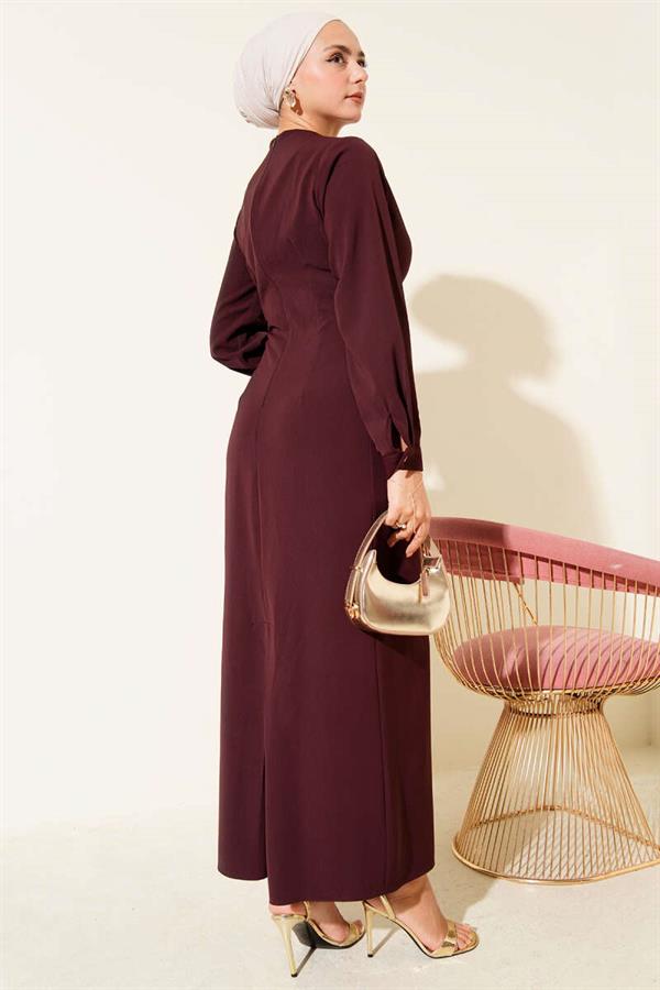 Burgundy Evening Dress with Gold Accessories