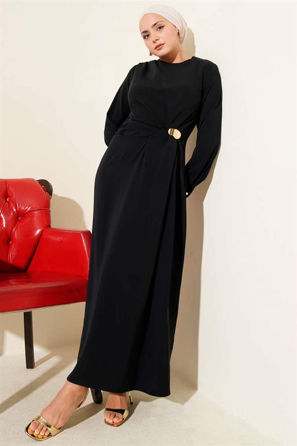 Navy Blue Evening Dress with Gold Accessories