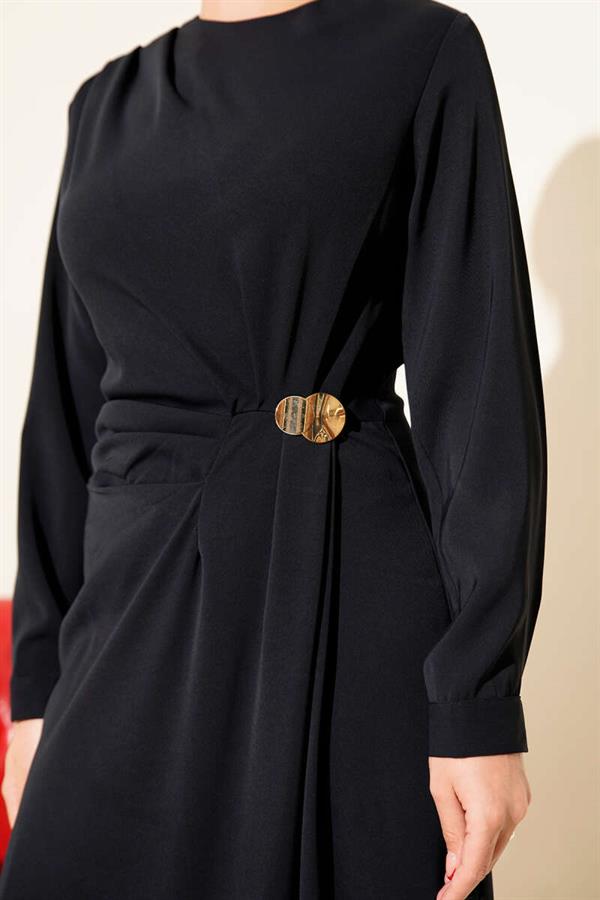 Navy Blue Evening Dress with Gold Accessories