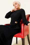 Navy Blue Evening Dress with Gold Accessories