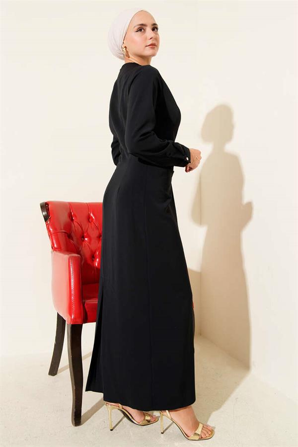 Navy Blue Evening Dress with Gold Accessories