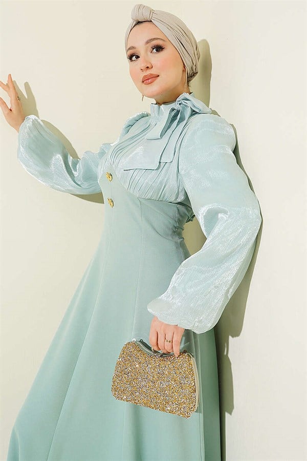 Gold Accessory Balloon Sleeve Evening Dress Mint