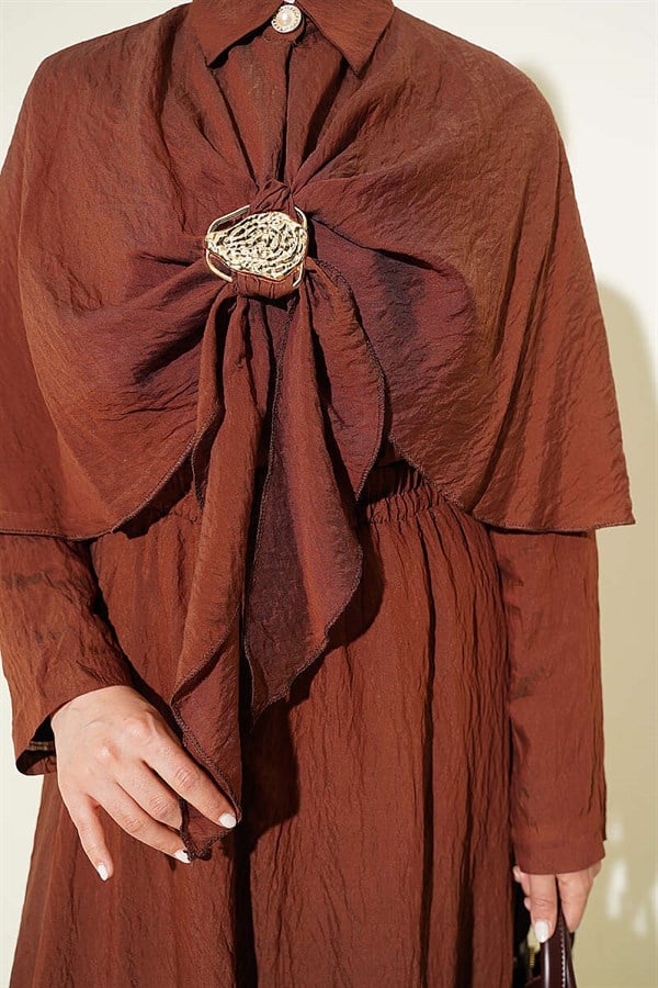 Gold Accessory Cape and Skirt 2 Piece Set in Coffee Brown
