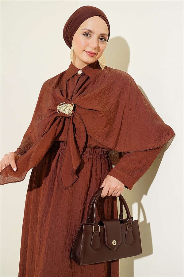 Gold Accessory Cape and Skirt 2 Piece Set in Coffee Brown