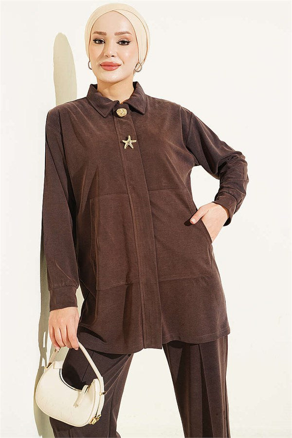 Tencel 2 Piece Set in Coffee with Gold Accessories
