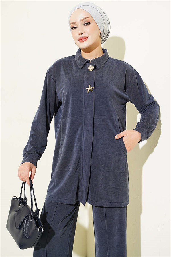 Tencel 2 Piece Set with Gold Accessories, Navy Blue