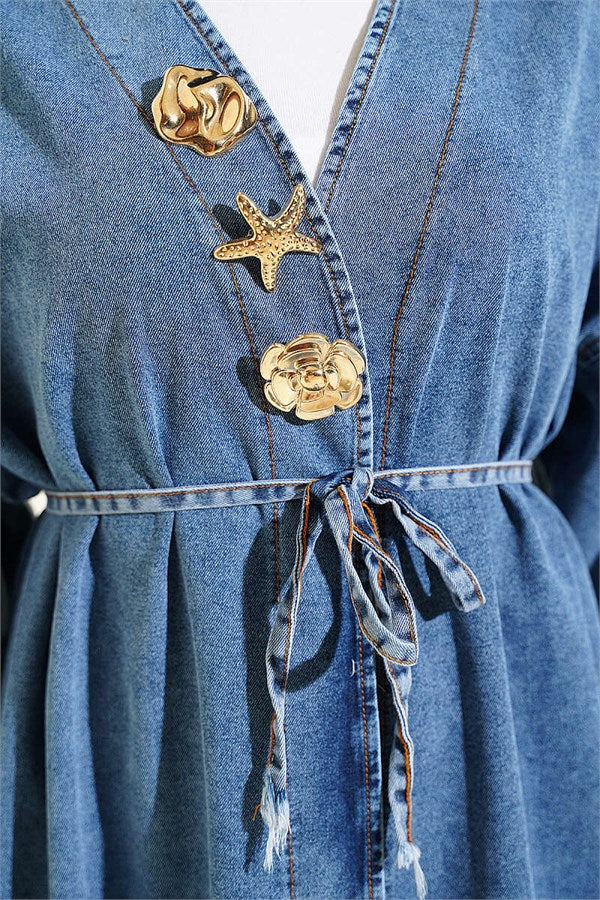 Long Coat with Gold Accessories, Light Blue